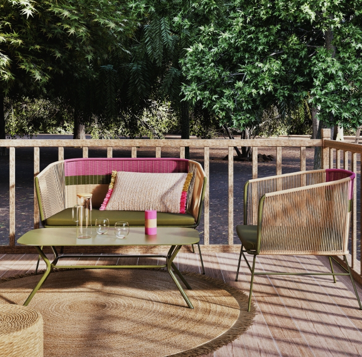 Isalia - Salon de jardin 4 places en acier et résine tressée multicolore