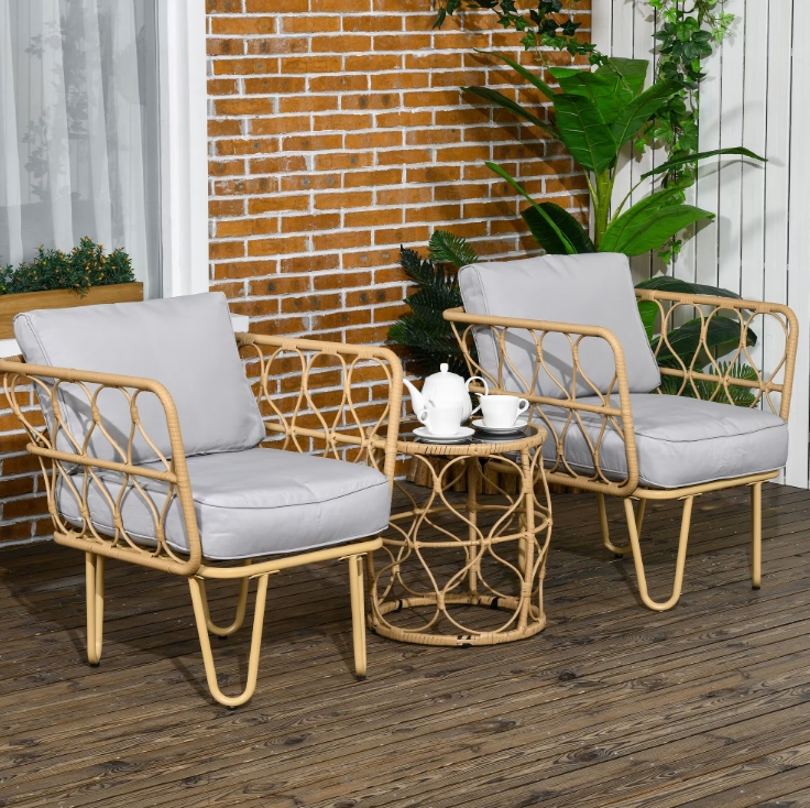 Ensemble salon jardin 2 places 3 pièces style colonial avec coussins