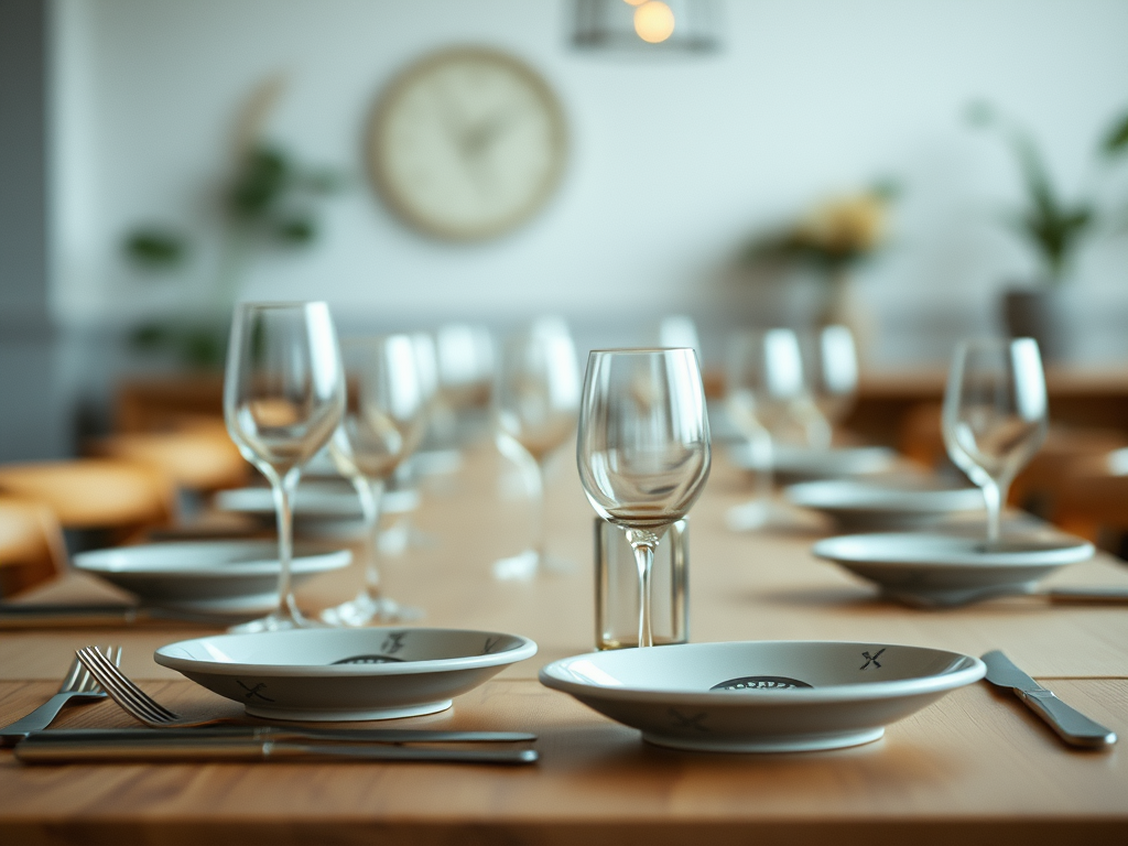 Une table élégamment dressée avec des assiettes blanches et des verres à vin, entourée de couverts en acier inoxydable, dans un environnement lumineux et moderne.