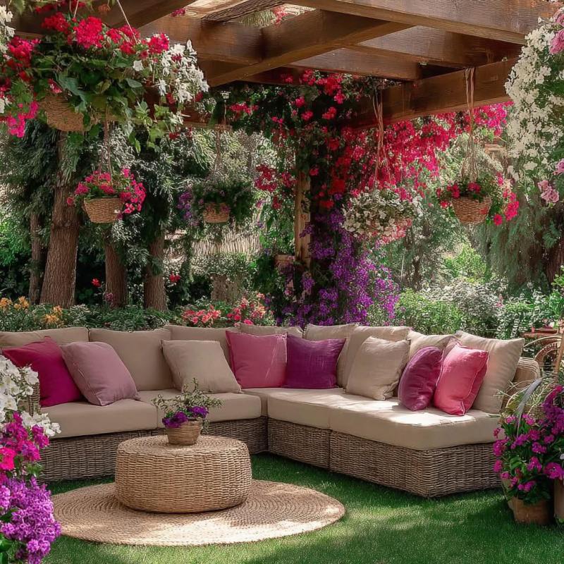 A cozy outdoor seating area featuring a large sectional sofa with pink and purple cushions, surrounded by an abundance of blooming flowers and greenery under a wooden pergola.