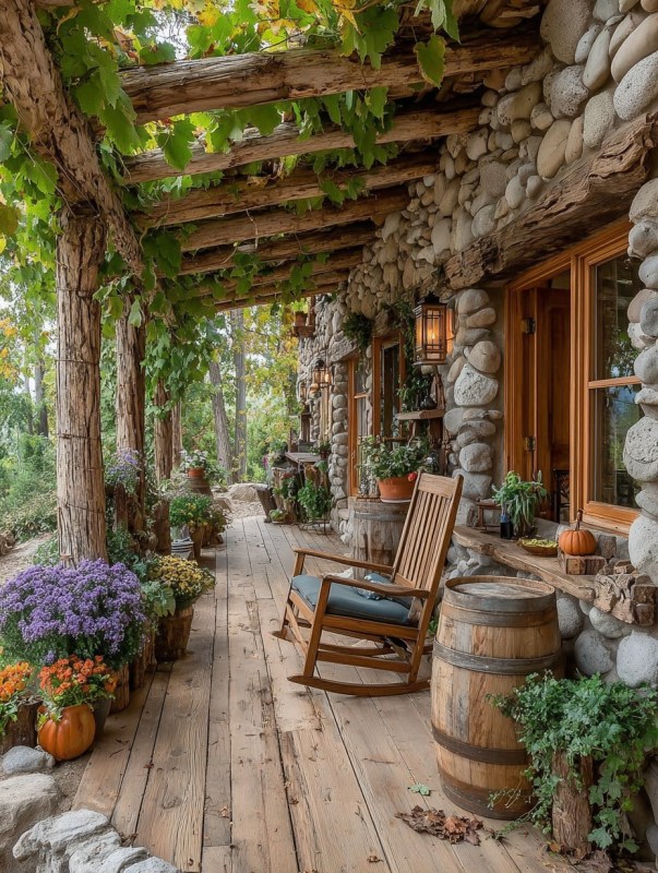 A cozy wooden porch with a rocking chair, surrounded by colorful potted flowers, wooden barrels, and stone walls, under a leafy canopy.
