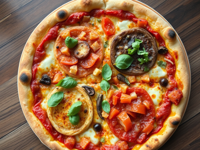 Une pizza garnie de tomate, mozzarella, champignons, poivrons et basilic frais, présentée sur une table en bois.