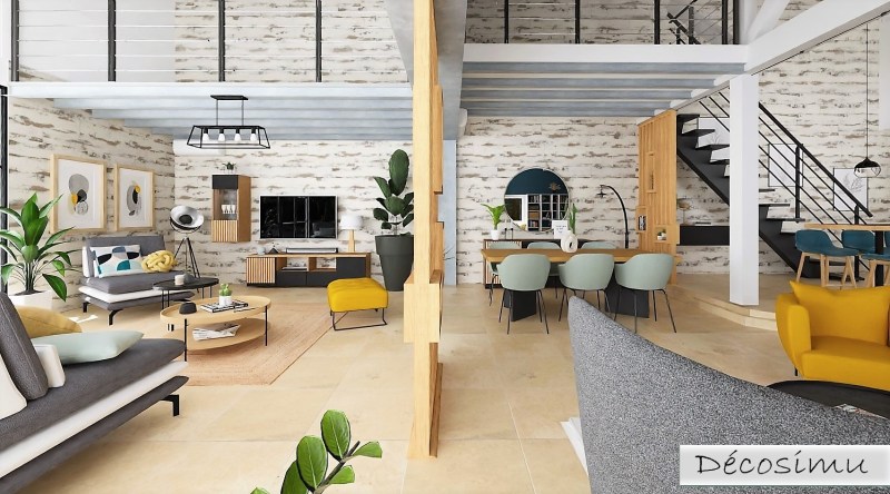 Un salon moderne avec un canapé gris et des coussins colorés, un fauteuil jaune, une table basse ronde, des plantes décoratives et des murs texturés avec des œuvres d'art.