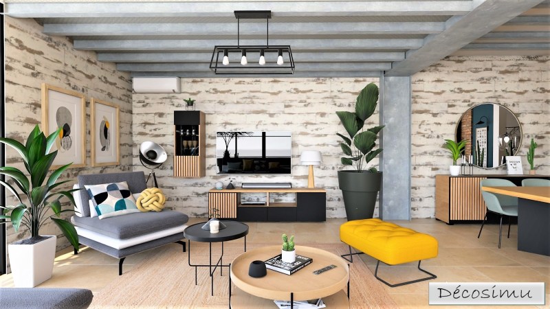 A modern living room with stylish furniture, featuring a gray sofa with colorful pillows, a yellow accent chair, a circular coffee table, and decorative plants. The walls are textured and light-colored, with framed artwork hanging and a television unit below a flat-screen TV.