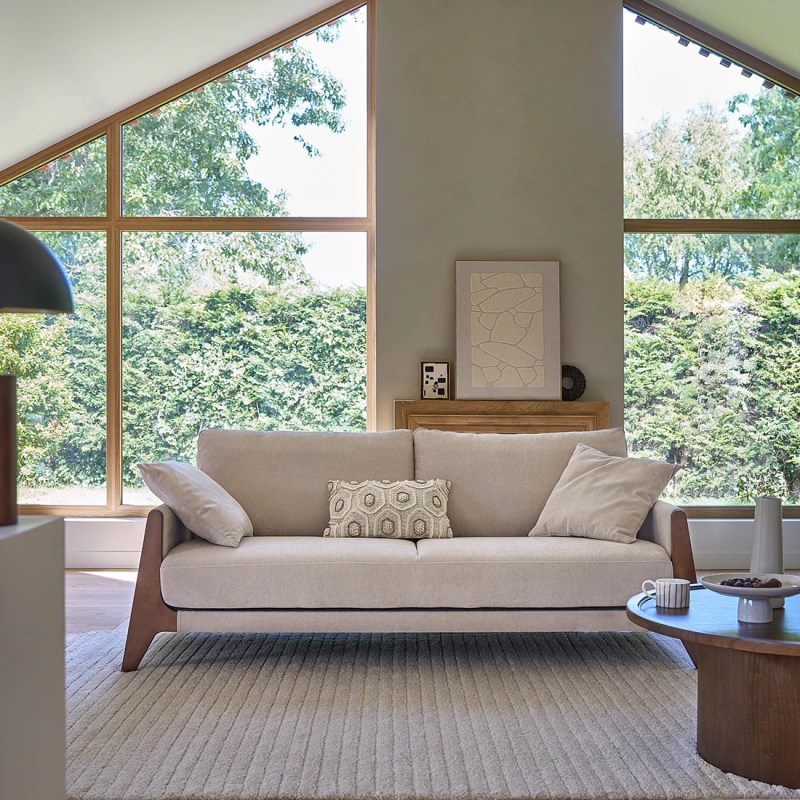 ONDINE Canapé droit 3 places en bois massif et velours beige chiné Berah Getah ,