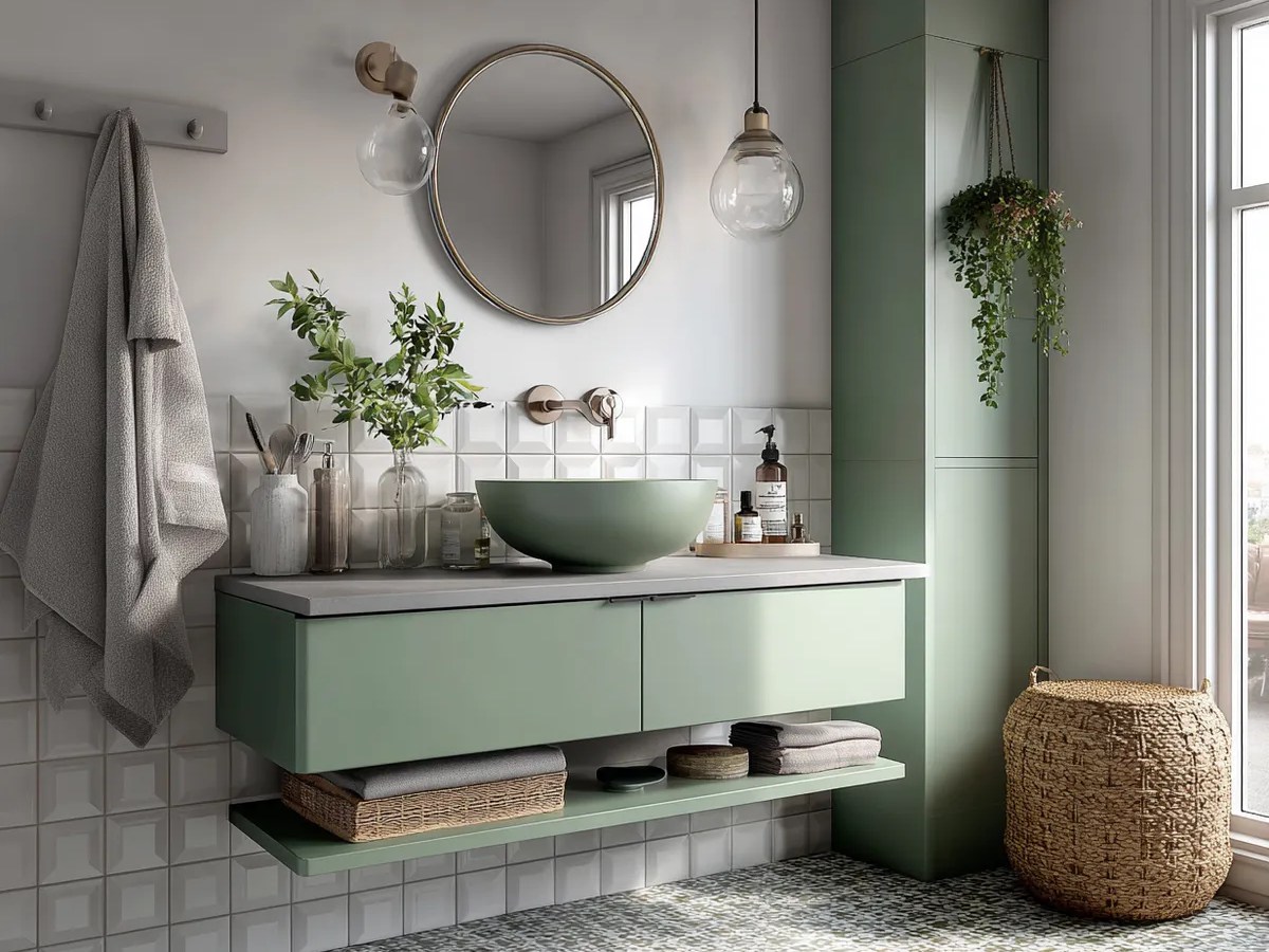 Mur d&rsquo;accent vert sauge dans une salle de bain&nbsp;moderne