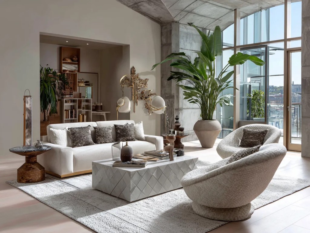 Des meubles géométriques modernes transforment un&nbsp;salon