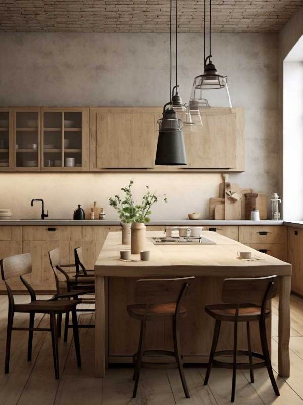 Cuisine moderne au design élégant en contreplaqué dans un cadre&nbsp;traditionnel